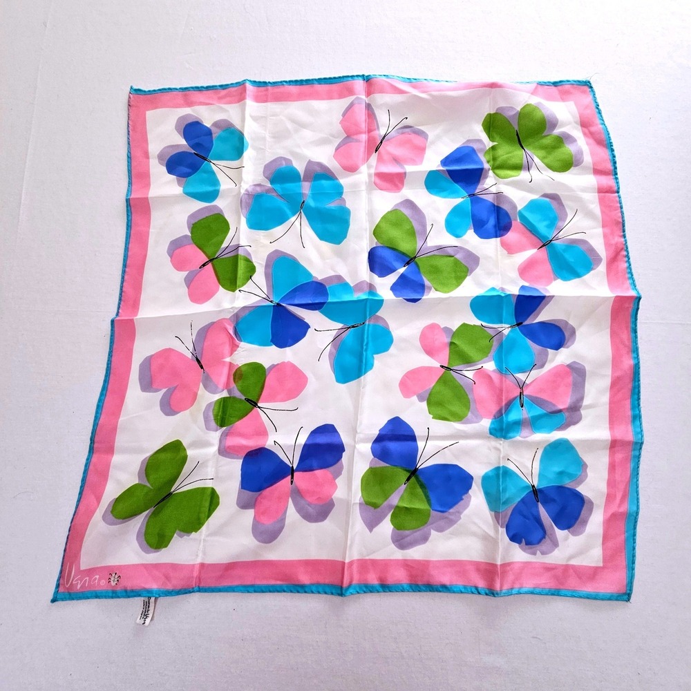 Vintage Vera Neumann Butterfly Scarf Blue Pink Green Square Acetate Japan